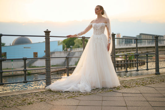 Aurelynnes wedding dress by Lina Becker Germany, Off-shoulder with illusion effect neckline