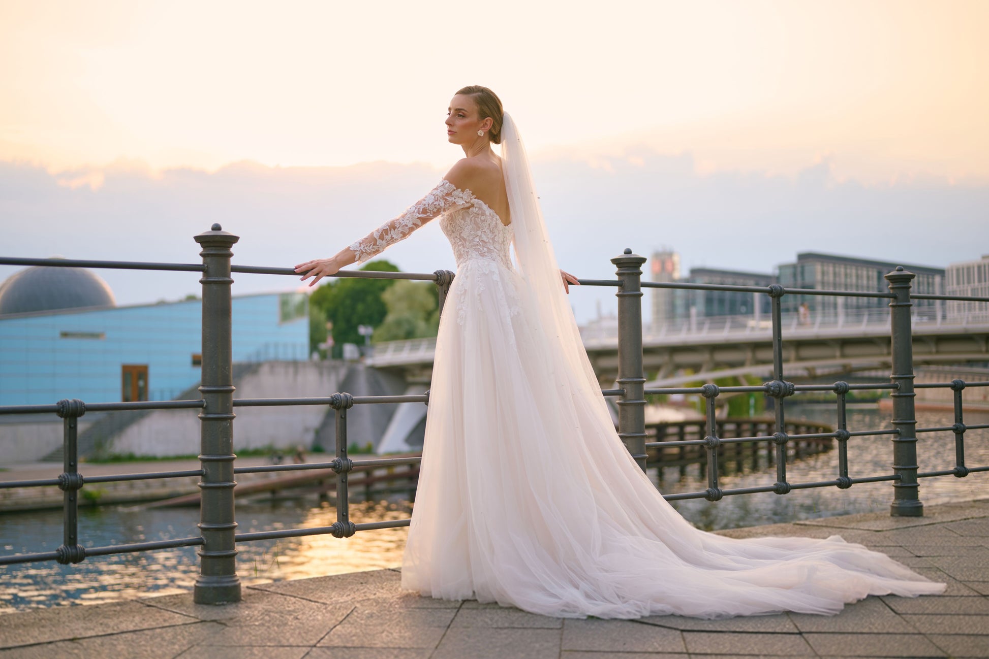 Aurelynnes wedding dress by Lina Becker Germany, Floral lace appliqués, sheer corset, flowing tulle skirt