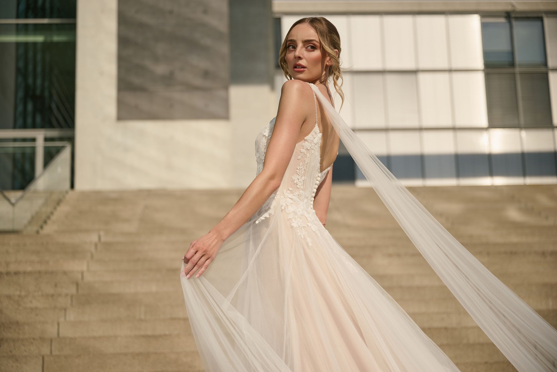 Norellyne wedding dress by Lina Becker Germany, Sheer corset, floral lace, soft tulle skirt