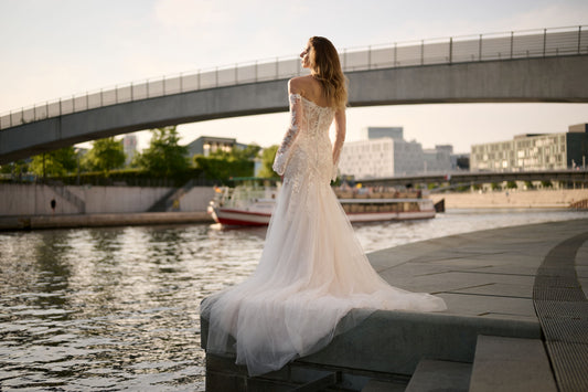 Gallya Lune wedding dress by Lina Becker Germany, Off-shoulder sweetheart neckline with sheer corset