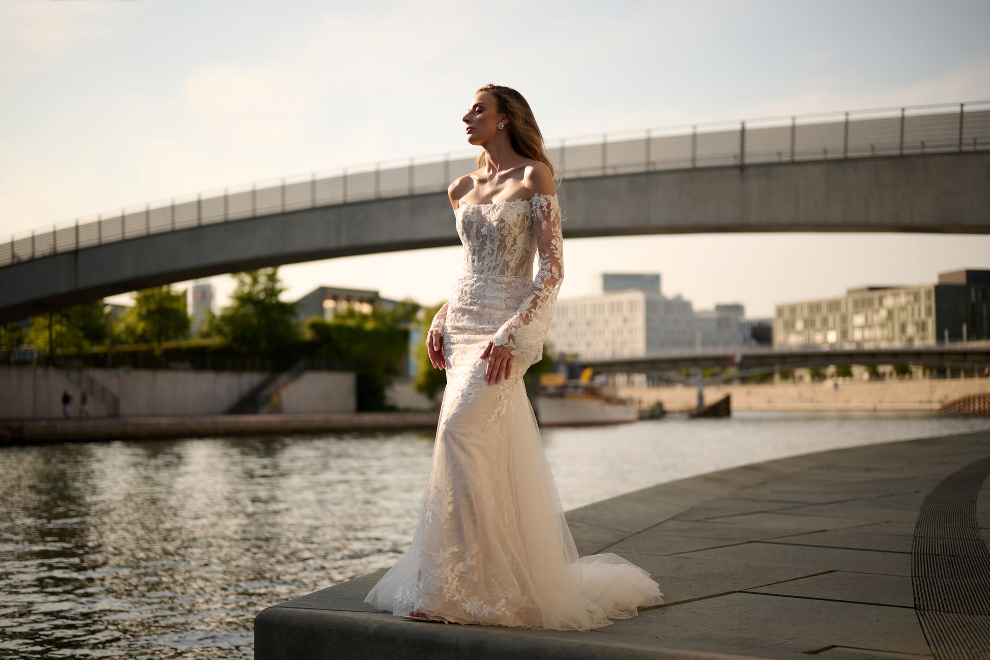 Gallya Lune wedding dress by Lina Becker Germany, 3D floral appliqués, floral embroidery, illusion detailing, flowing