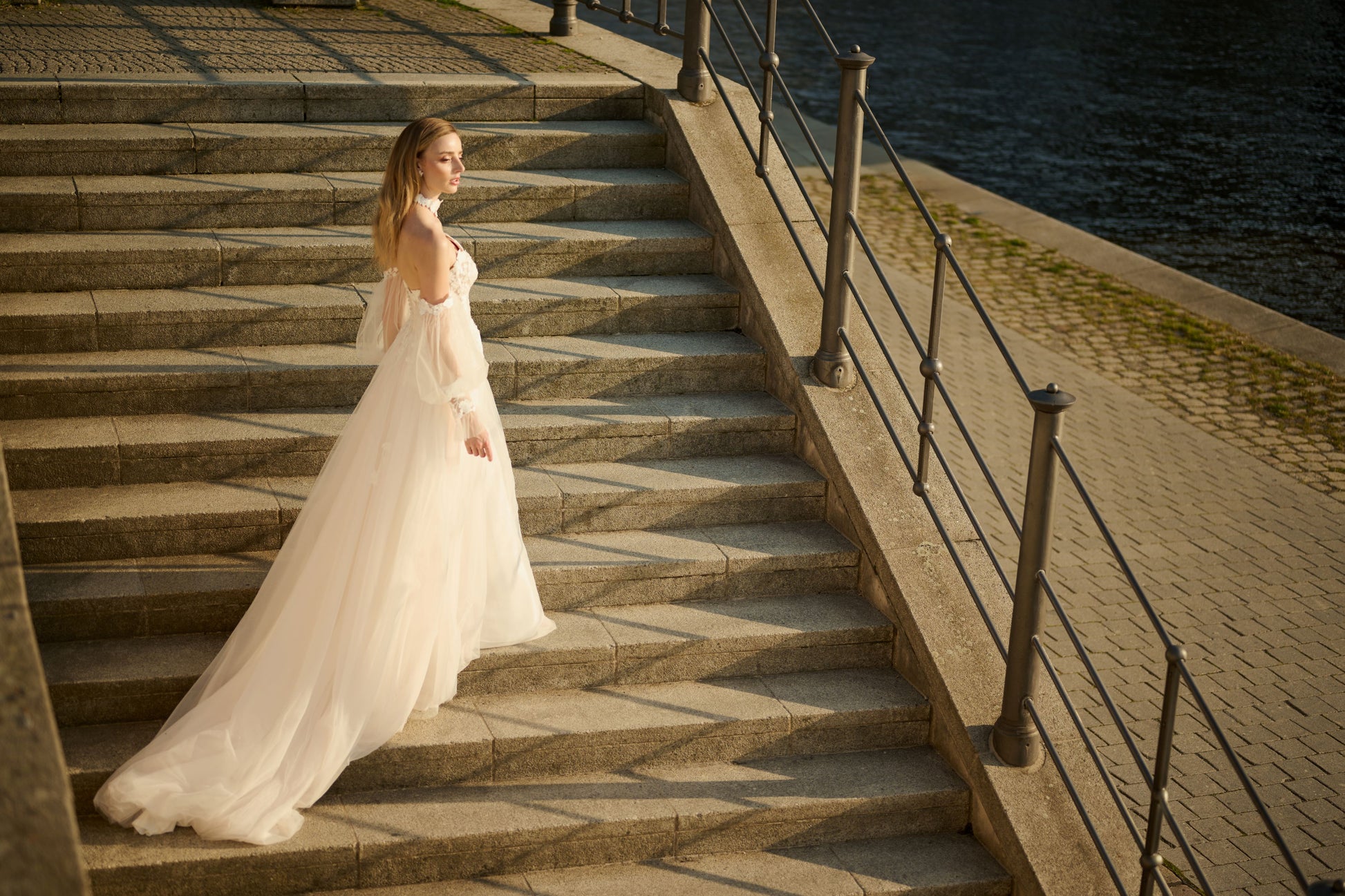 Belariana wedding dress by Lina Becker Germany, Detachable voluminous tulle sleeves with floral details