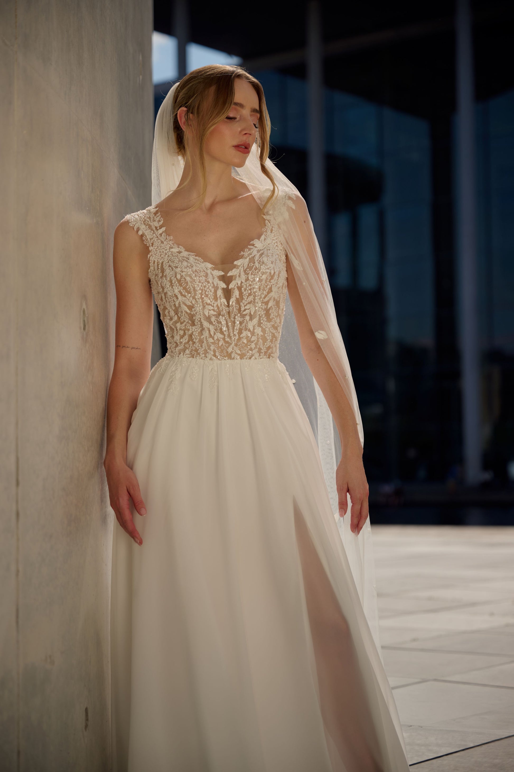 Talarena wedding dress by Lina Becker Germany, Sheer with floral lace back